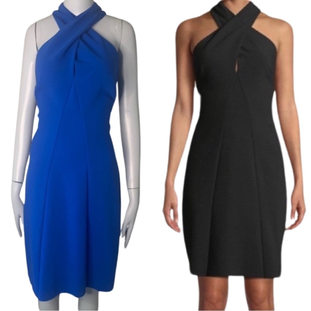 NWT KOBI HALPERIN Prima Cross Front Halter Dress Ponte Knit Azure Blue Size M
